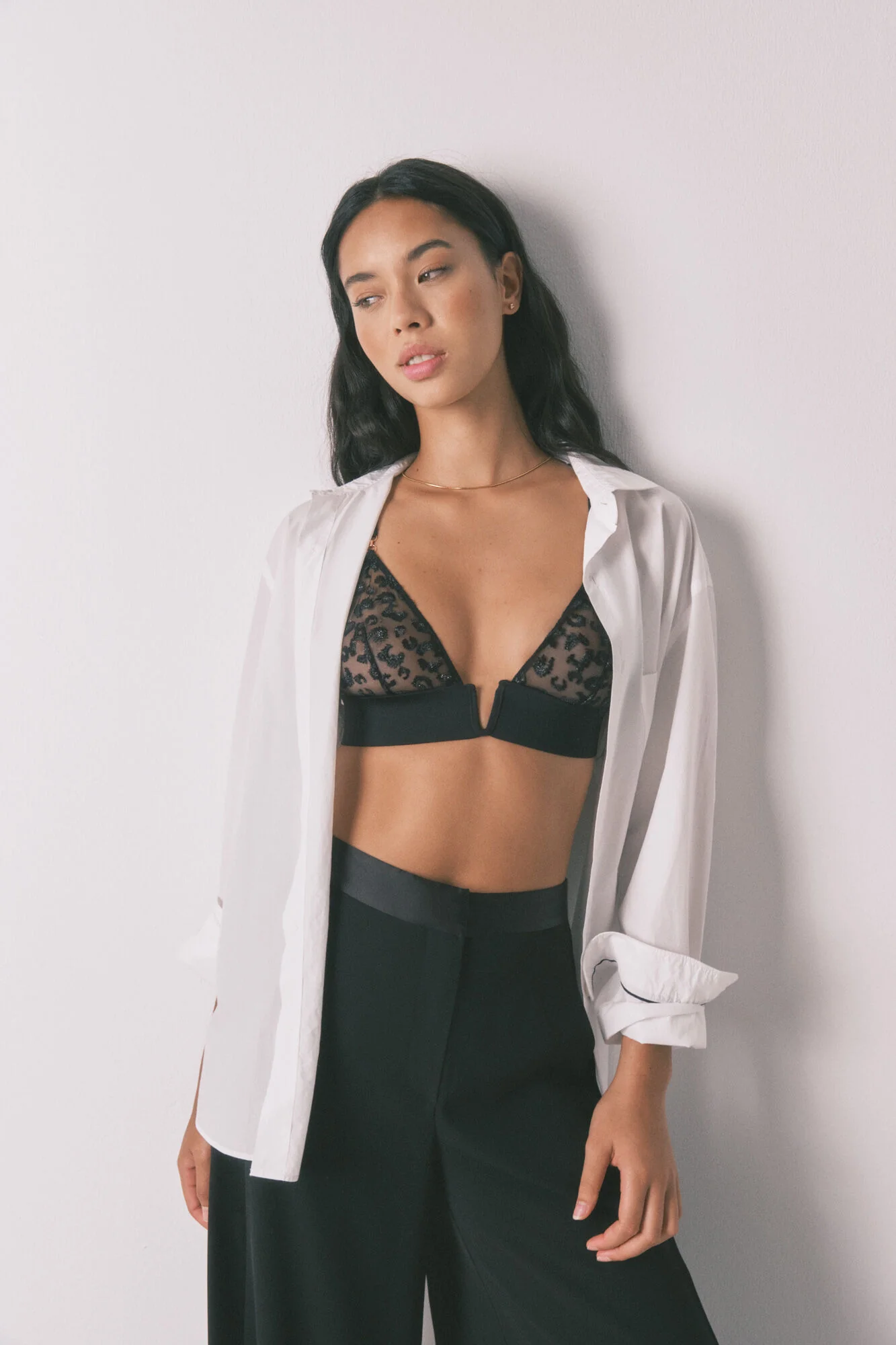 Black metallic embroidered tulle bra