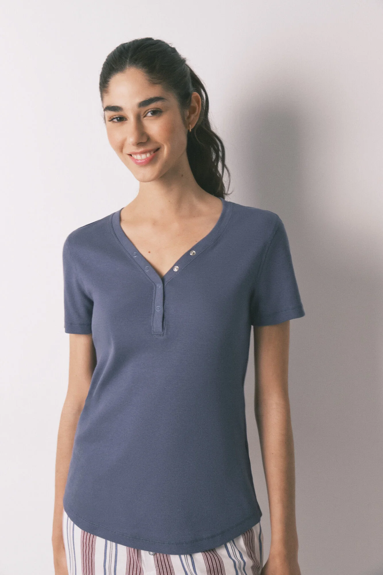 Blue cotton ribbed short sleeve T-shirt