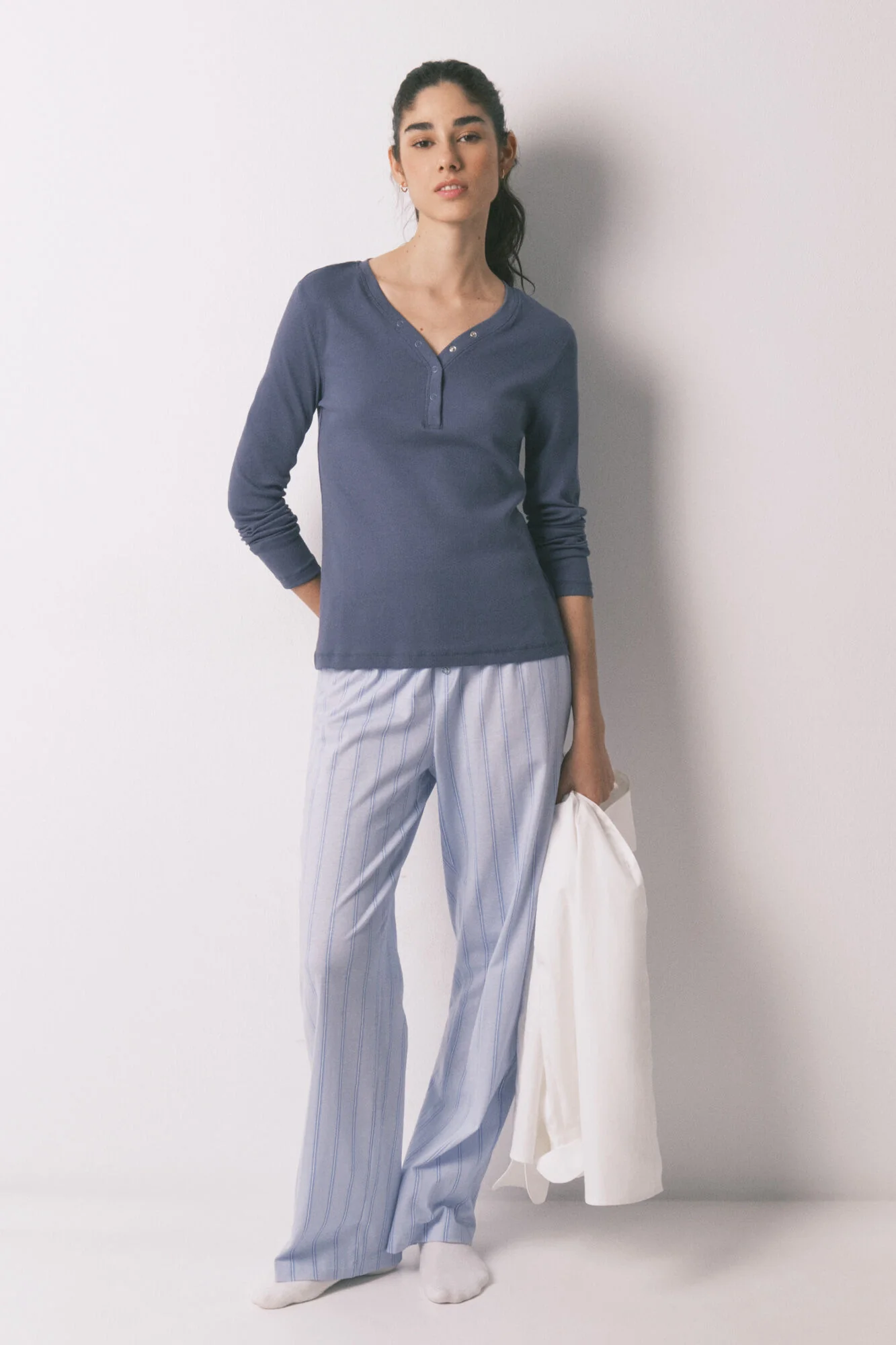 Blue ribbed cotton long sleeve T-shirt - Image 4