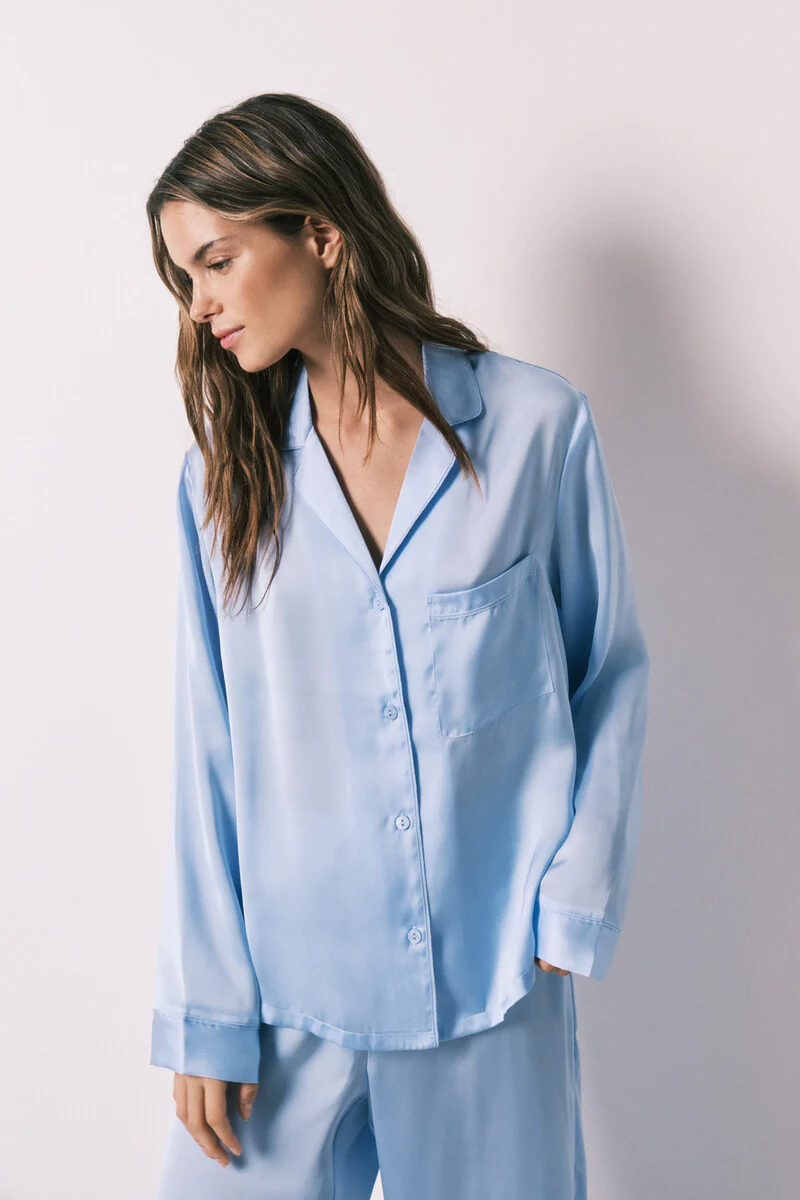 Blue satin classic long pyjamas - Image 3