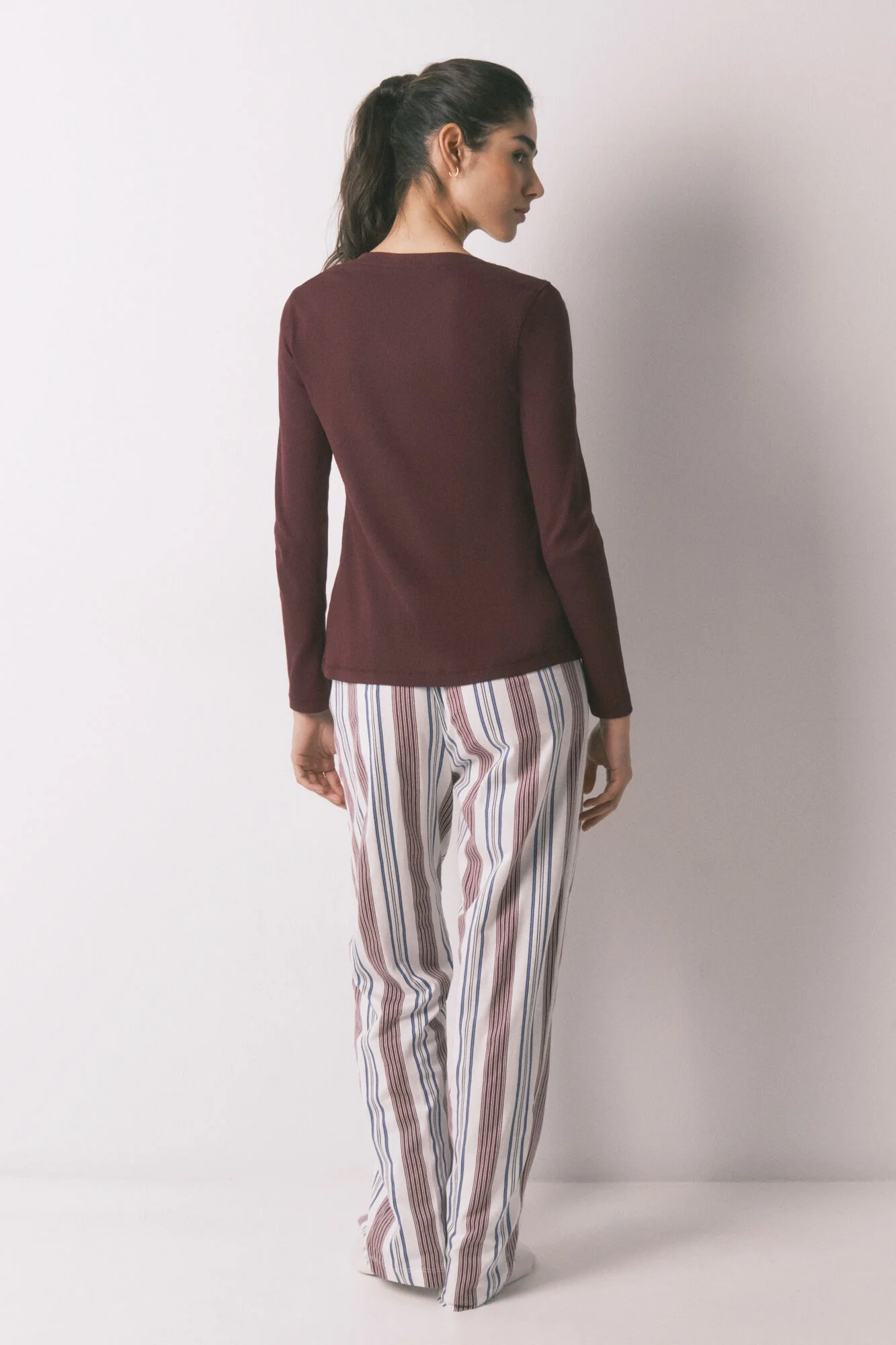 Burgundy 100% cotton striped long trousers - Image 3