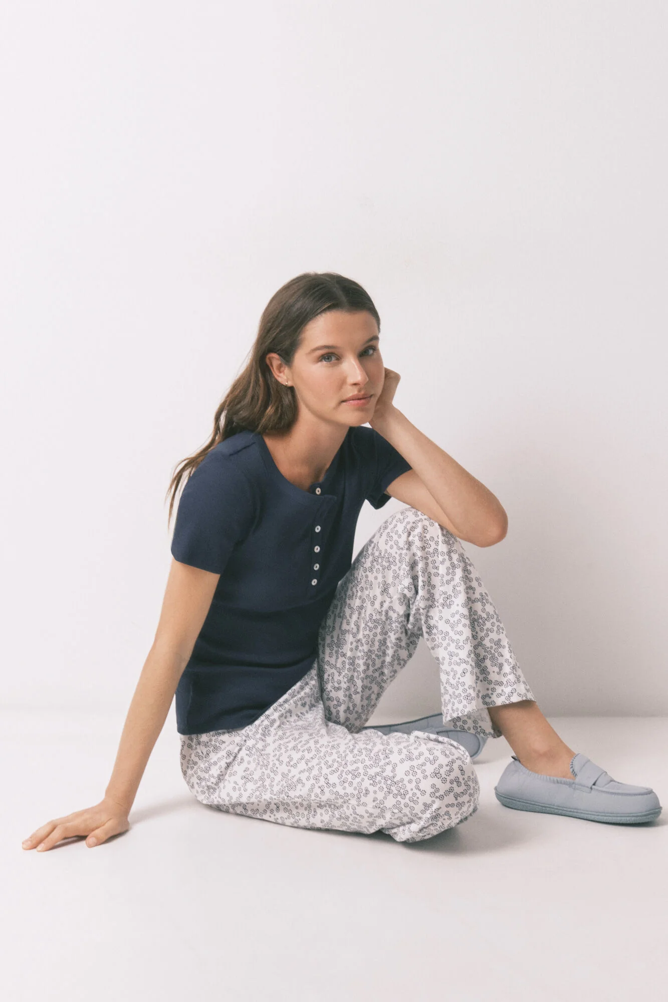 Floral print cotton long trousers