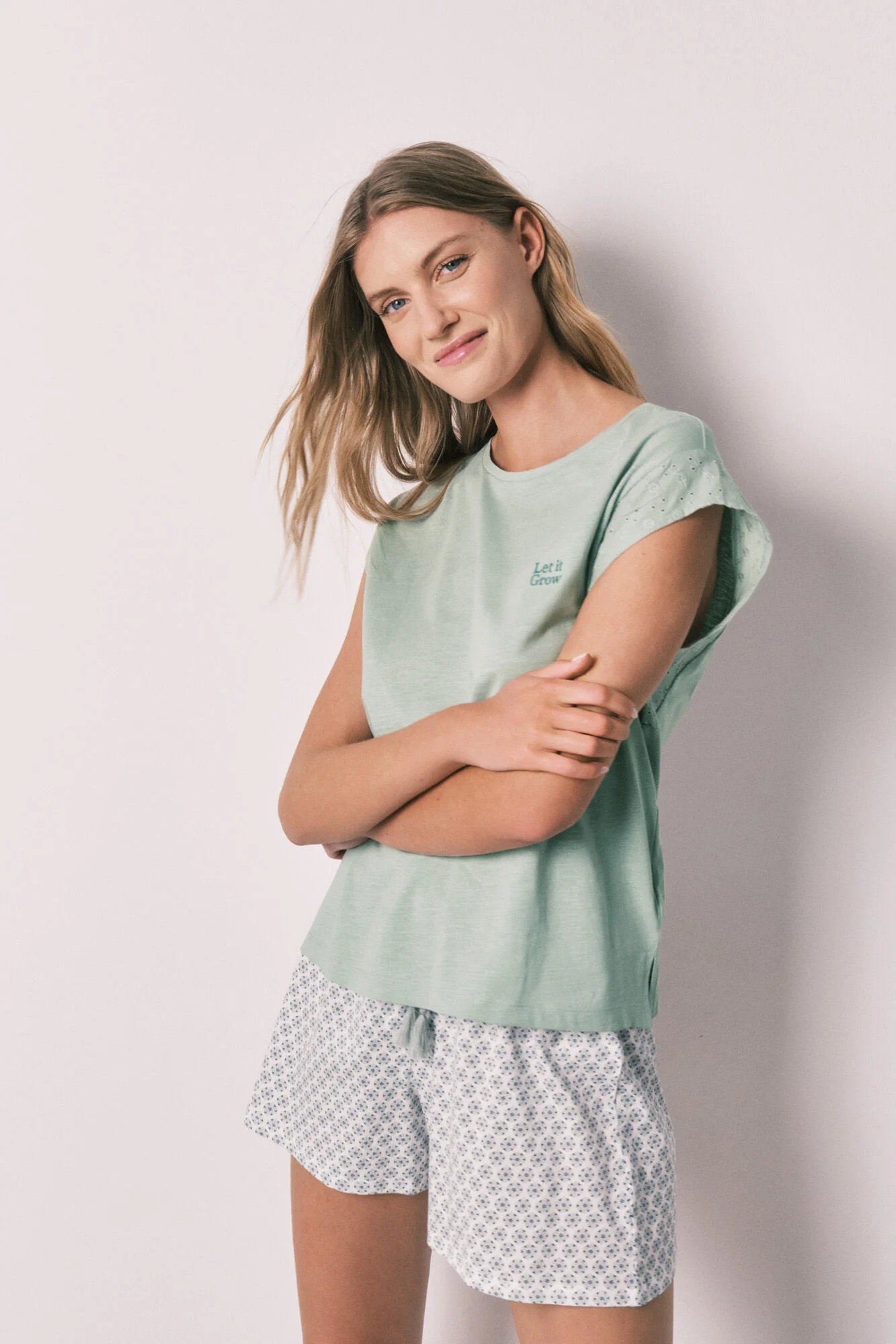 Green printed cotton short pyjamas