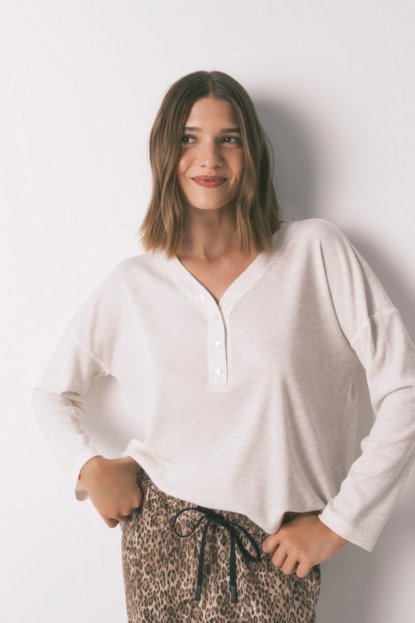 Ivory waffle long sleeve T-shirt