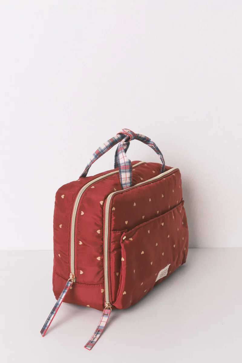 Large red nylon vanity case with heart print - Image 5