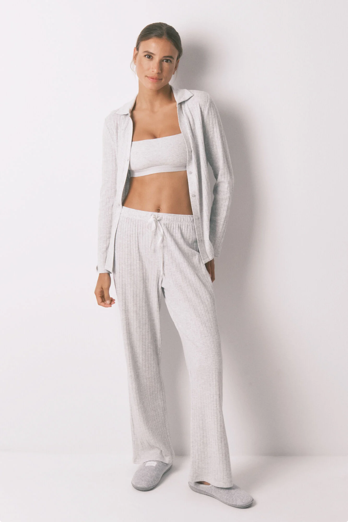 Long gray ribbed cotton pajamas - Image 2