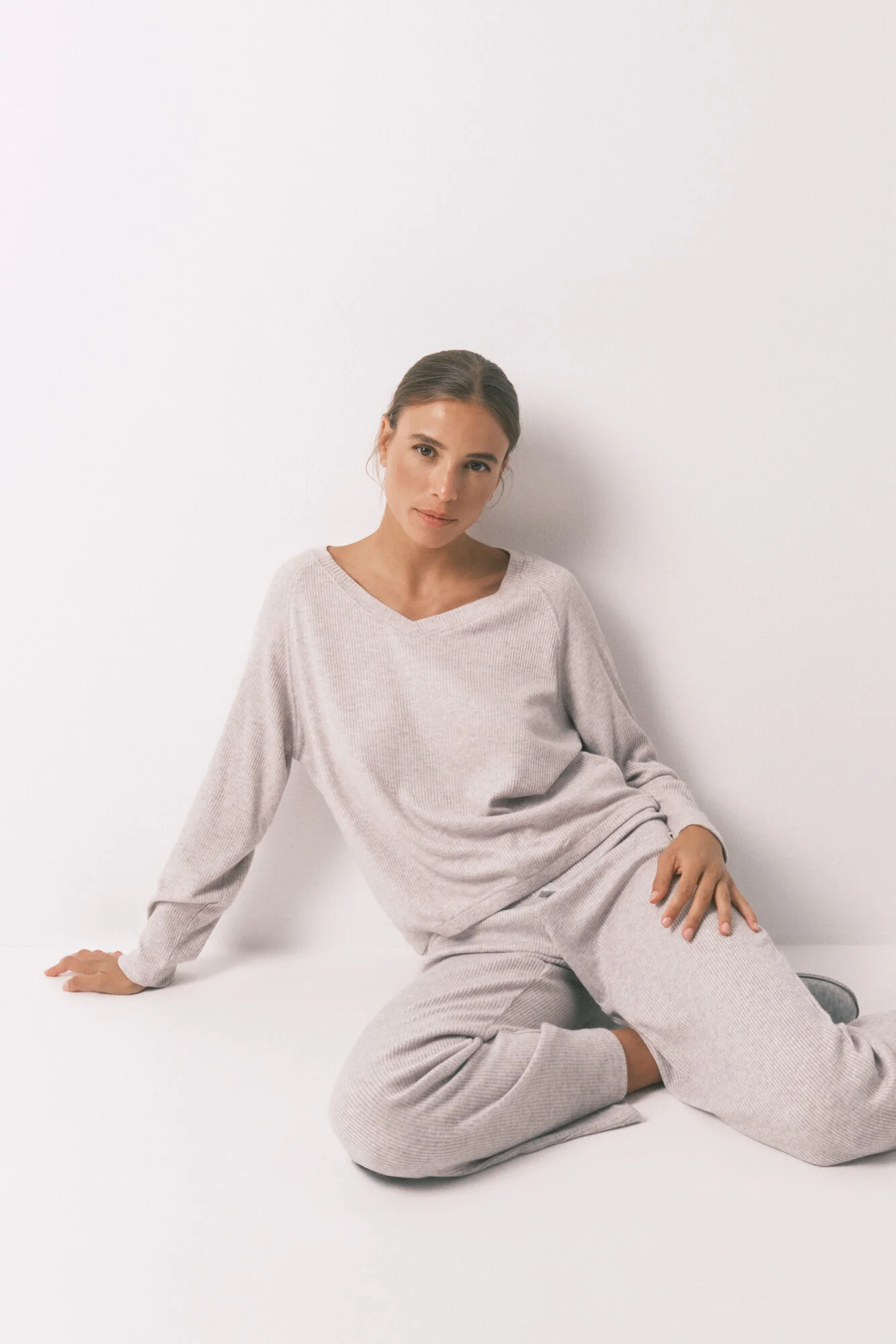 Long grey brushed ribbed pajamas