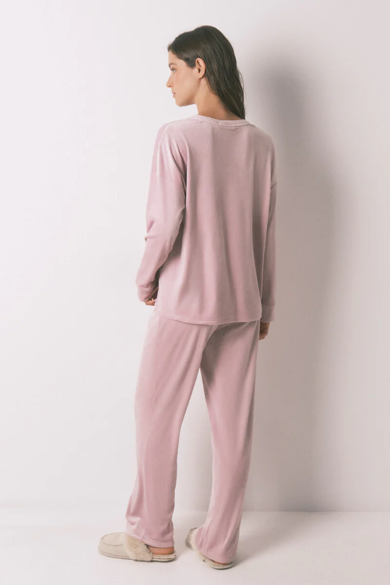 Long pyjamas pink velvet ribbed pajamas - Image 3