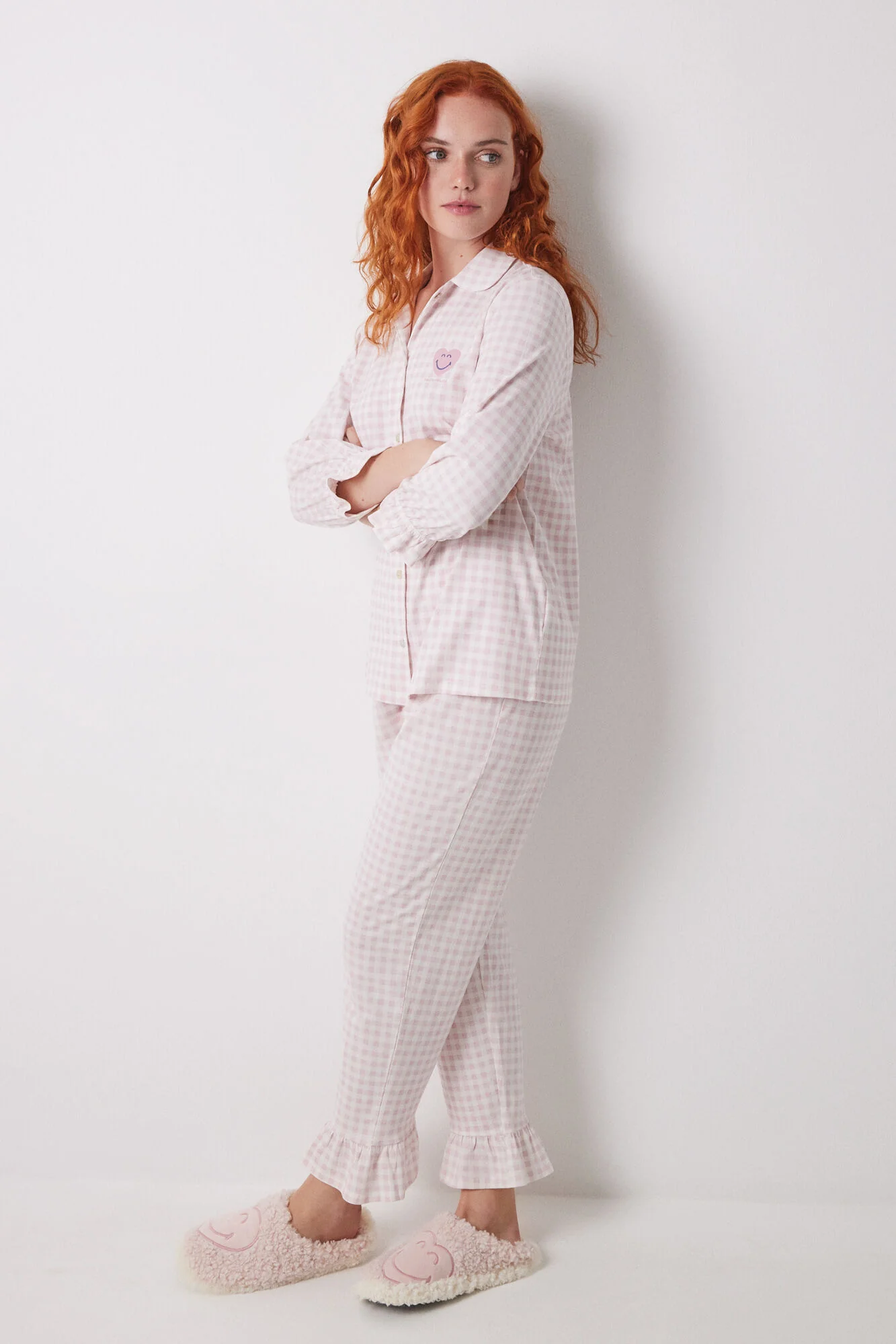 Long shirt pajamas 100% cotton pink checkered