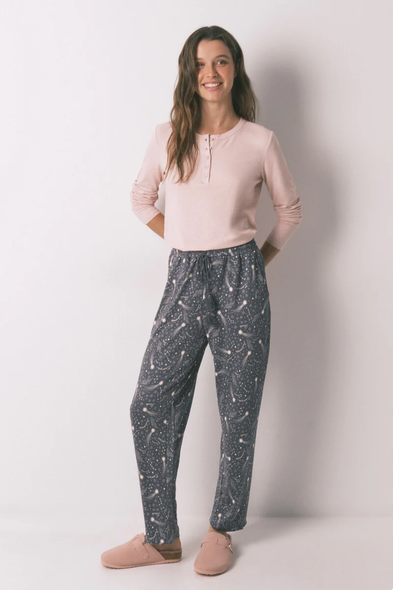 Long warm jersey-knit trouser with soft grey stars