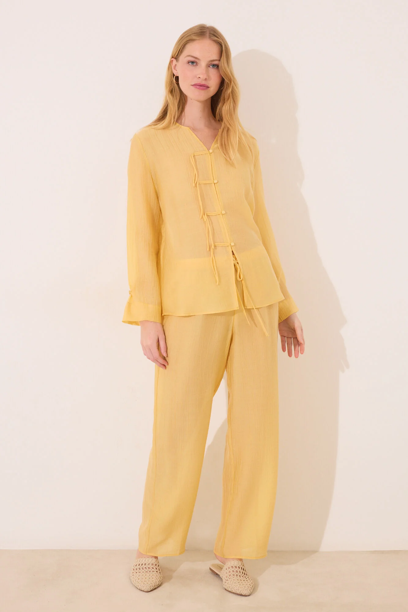 Long yellow satin classic pyjamas