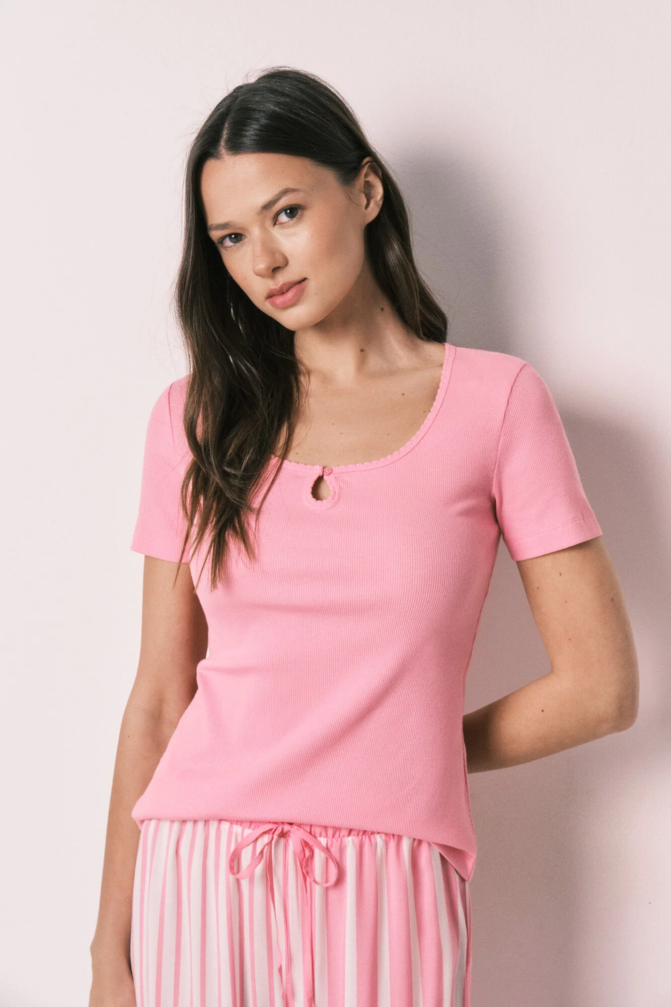 Pink cotton and viscose short sleeve long pyjamas