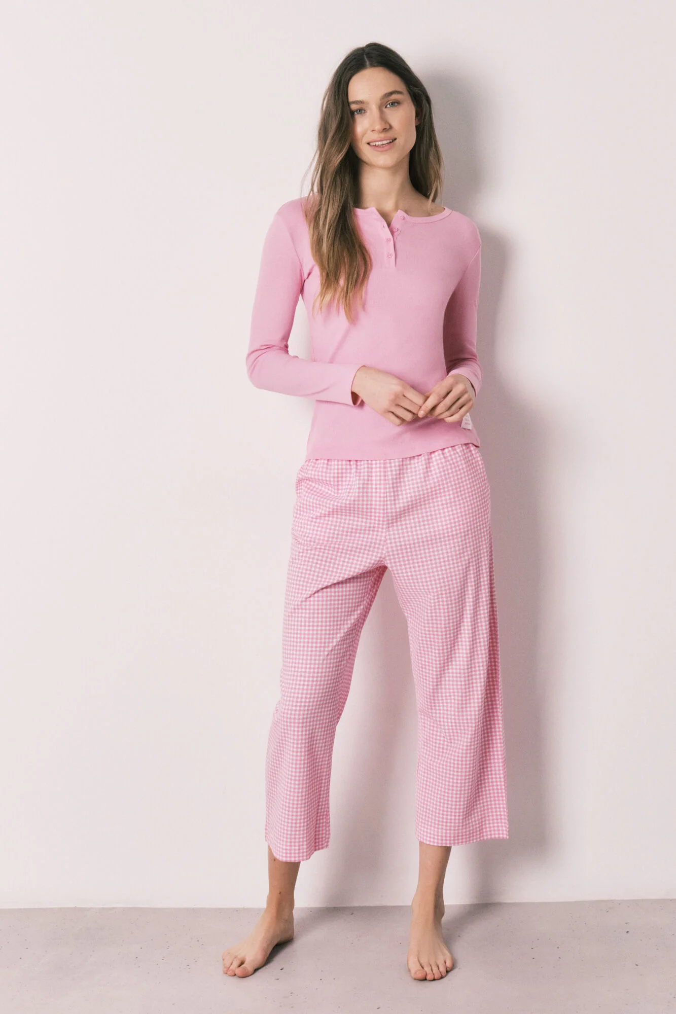 Pink cotton gingham print long pyjamas